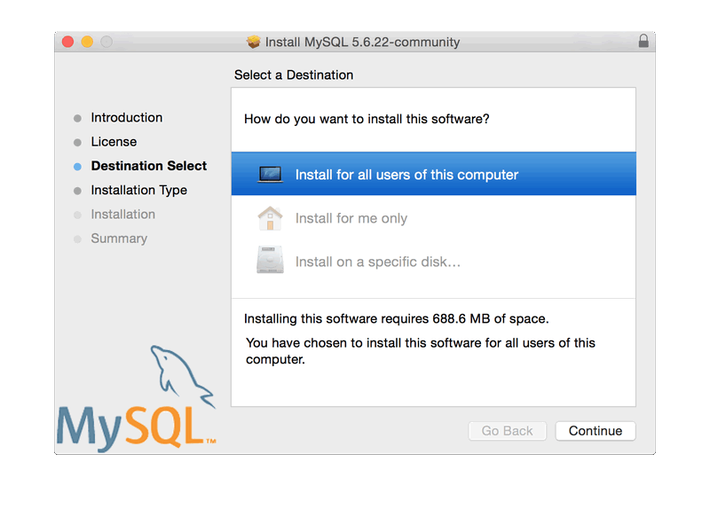 MySQL Package Installer: Destination Select (Change Installation Location)